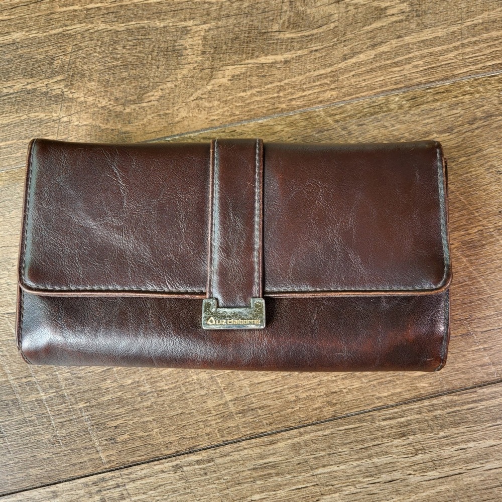 Liz Claiborne Trifold Organizer Wallet Brown Faux Leather with Checkbook Cover